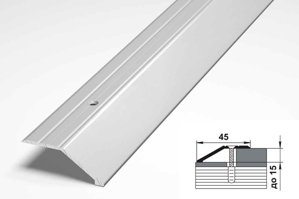 ПР 04.1800.01л Порог разноуровневый, перепад 15 мм, алюм анодированный, цвет серебро, длина 1800 мм