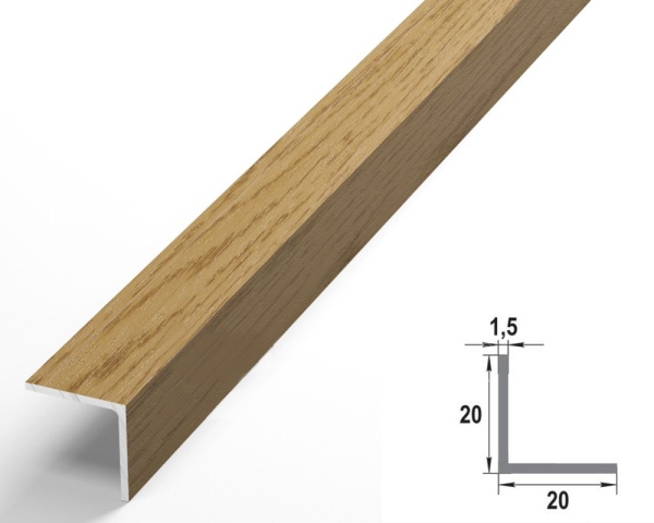 Уп 06-27.2700.54082  Профиль уголок 20х20 мм, алюминий ламиноров., цвет дуб светлый, длина 2700 мм