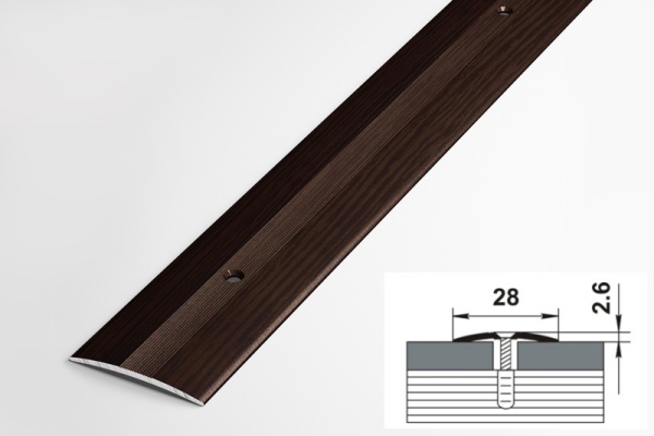ПС 03-2.1800.095 Порог одноуровневый 2,6х28 мм, алюминий окрашенный, цвет дуб венге, длина 1800 мм